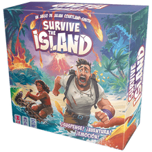 Caja del juego de mesa Survive The Island edición 2024 con volcán en erupción