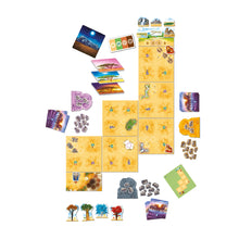 Componentes juego de mesa Tembo elefantes leones cartas y tableros arena