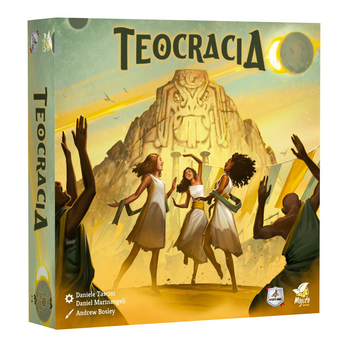 Caja del juego de mesa Teocracia con arte de civilizaciones y dos lunas