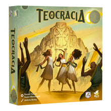 Caja del juego de mesa Teocracia con arte de civilizaciones y dos lunas
