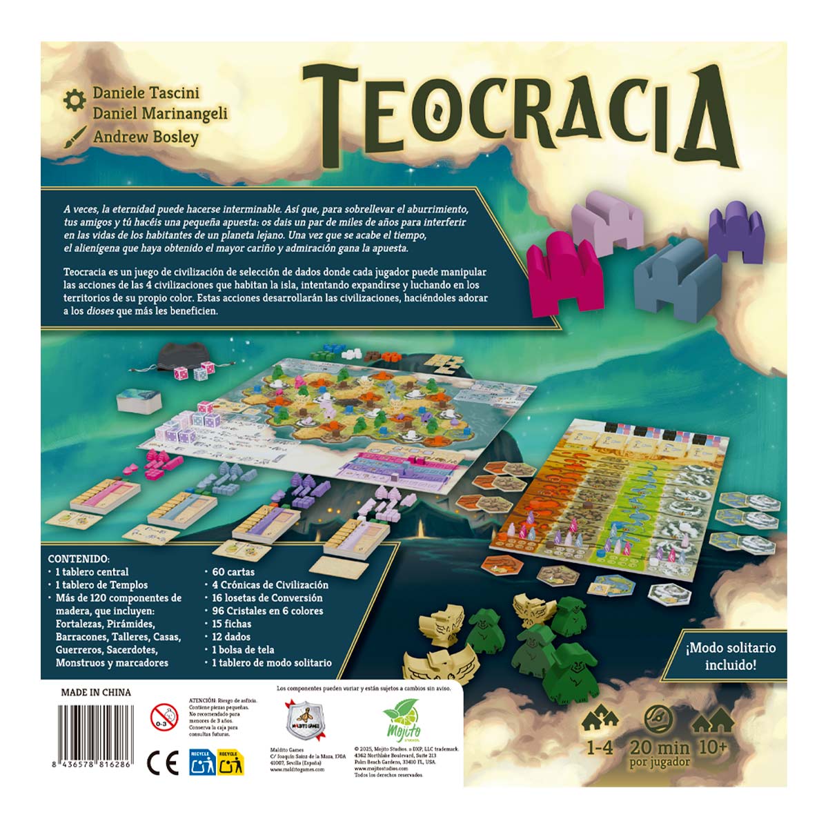 Dorso caja juego Teocracia muestra componentes, tablero y modo solitario incluido
