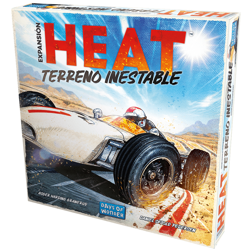 Caja expansión Heat Terreno Inestable con coche de carreras blanco y naranja sobre pista de grava
