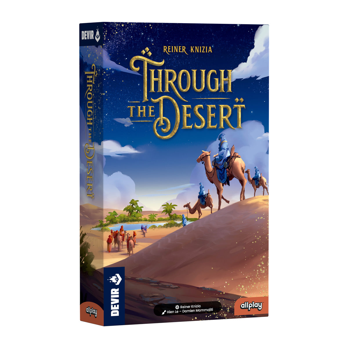Caja juego mesa Through the Desert de Devir con ilustración caravana camellos desierto