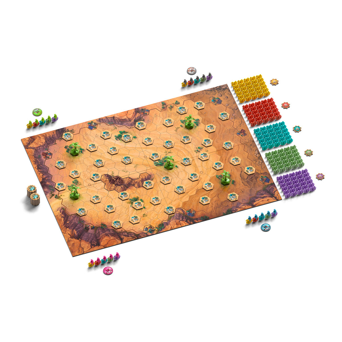 Tablero de juego Through the Desert con camellos y piezas en colores sobre fondo desértico