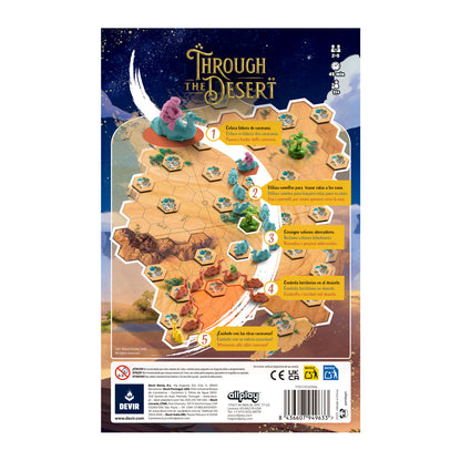 Dorso caja juego Through the Desert con reglas resumidas paso a paso y logos certificación