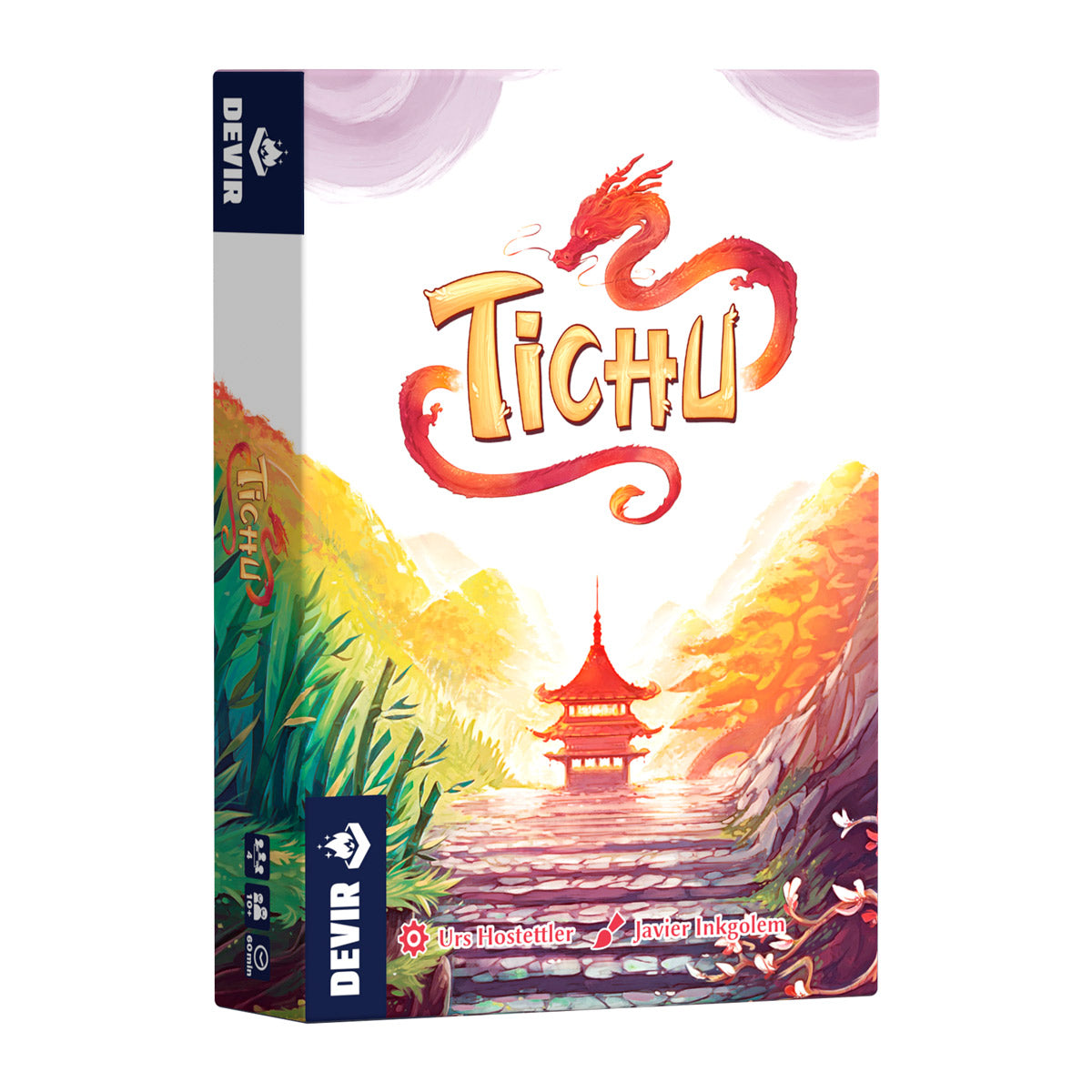 Caja del juego de cartas Tichu con dragón naranja y diseño oriental