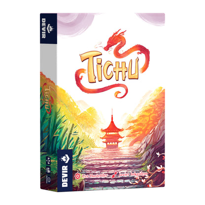 Caja del juego de cartas Tichu con dragón naranja y diseño oriental