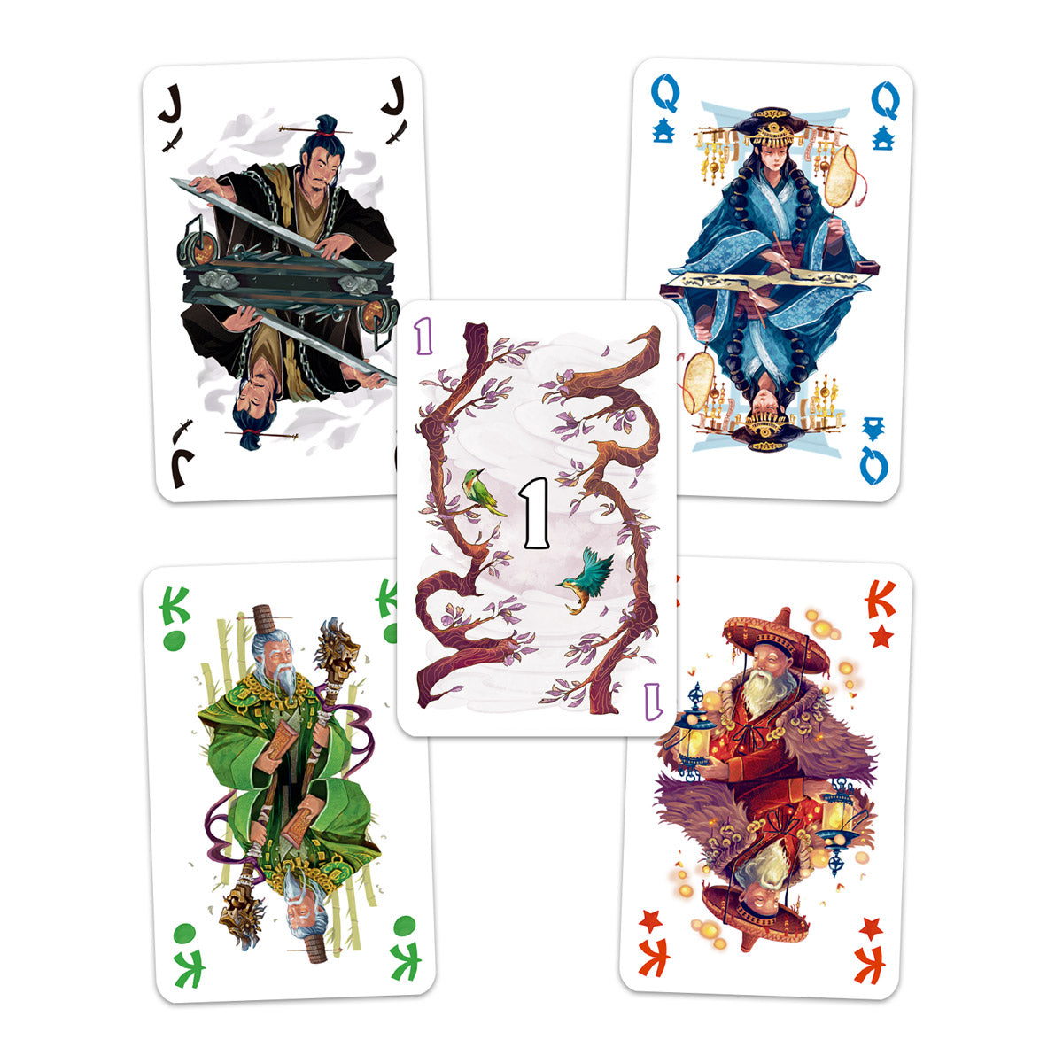 Cartas ilustradas Tichu estilo oriental sobre fondo blanco
