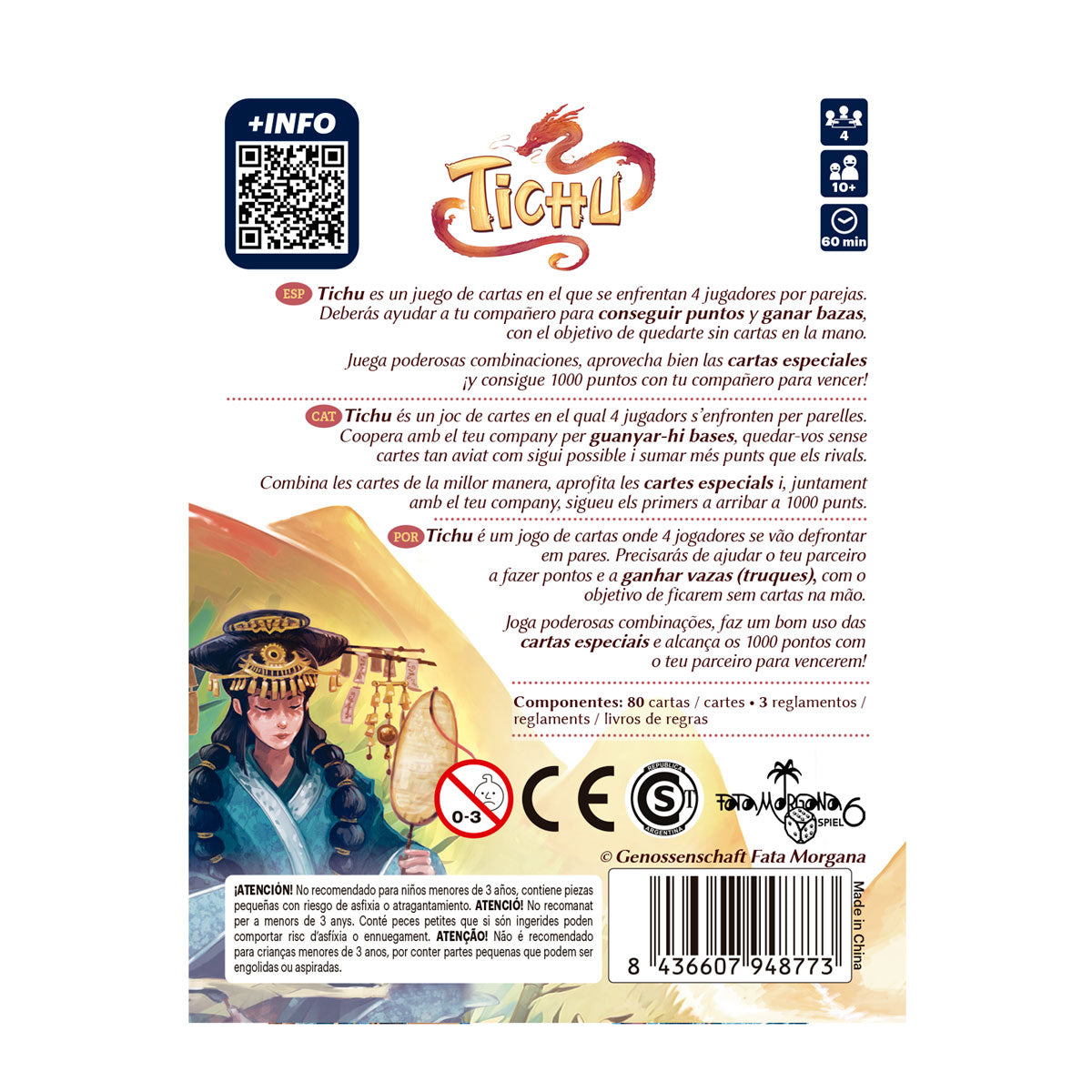 Dorso caja juego Tichu con reglas, componentes y código QR