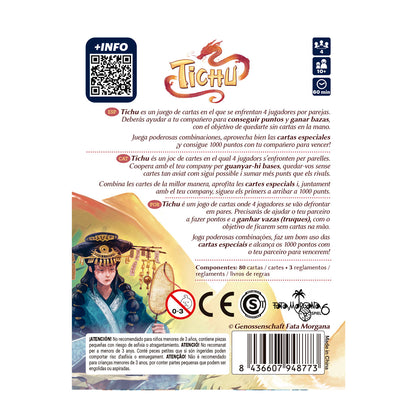 Dorso caja juego Tichu con reglas, componentes y código QR