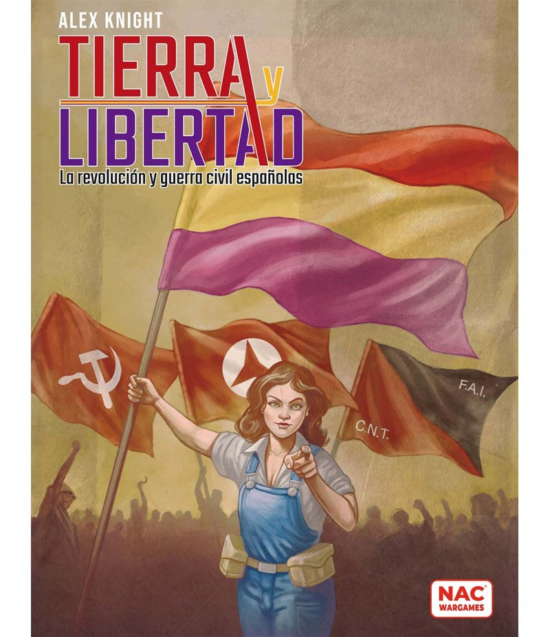 Portada Tierra y Libertad juego de mesa con mujer bandera tricolor y banderas CNT FAI