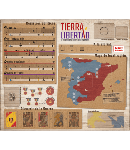 Material reglas Tierra y Libertad mapa España y barras de recursos políticos