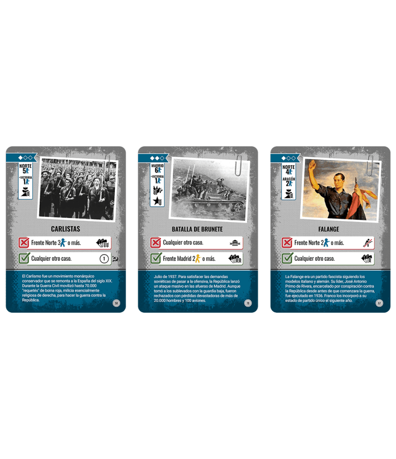 Cartas evento Carlistas Batalla Brunete Falange juego de mesa histórico español