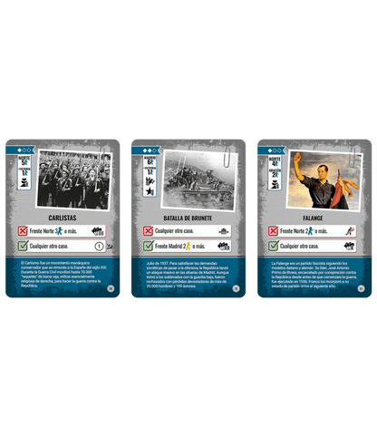 Cartas evento Carlistas Batalla Brunete Falange juego de mesa histórico español