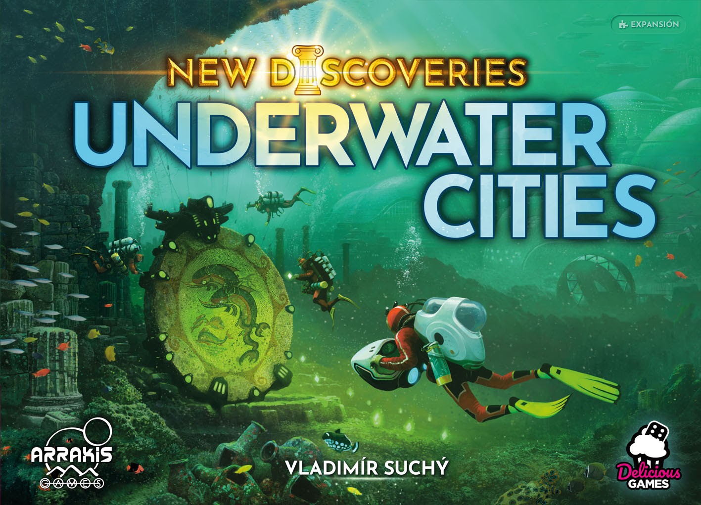 Expansión Underwater Cities: New Discoveries, juego de mesa con arte submarino y buzos