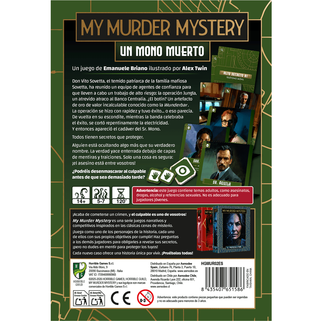Contraportada juego de mesa My Murder Mystery Un mono muerto con advertencias y detalles para mayores de 14 años