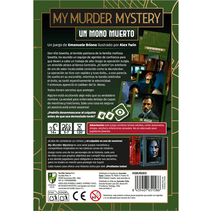 Contraportada juego de mesa My Murder Mystery Un mono muerto con advertencias y detalles para mayores de 14 años