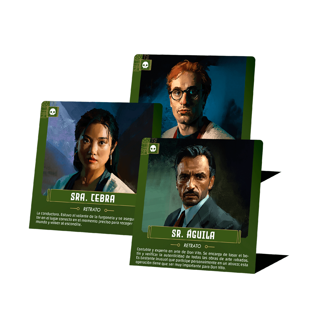 Cartas de personajes Sra. Cebra y Sr. Águila del juego de deducción My Murder Mystery estilo retro