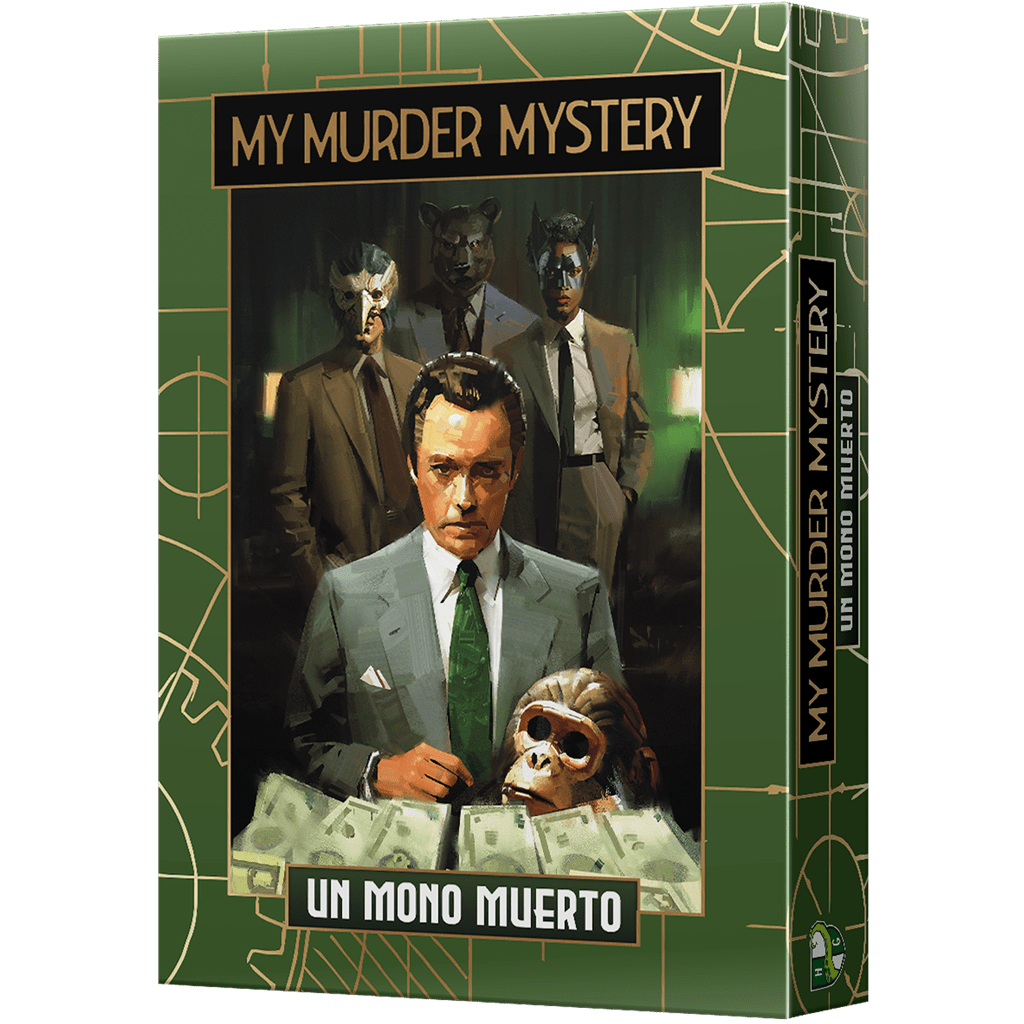 Caja juego de mesa My Murder Mystery Un mono muerto ilustración hombre con billetes y cráneo de mono