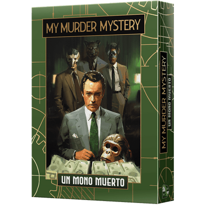 Caja juego de mesa My Murder Mystery Un mono muerto ilustración hombre con billetes y cráneo de mono