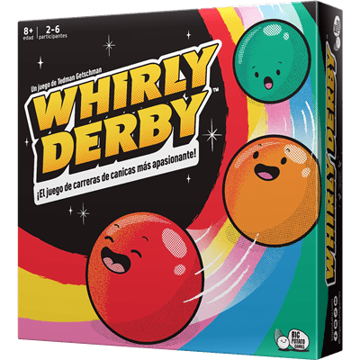 Caja del juego de mesa Whirly Derby con canicas antropomórficas y diseño colorido