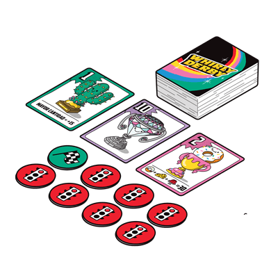 Componentes del juego Whirly Derby: cartas ilustradas, fichas rojas y verde con bandera a cuadros