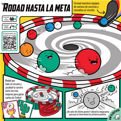 Instrucciones visuales del juego de carreras de canicas Whirly Derby con circuito y trofeos