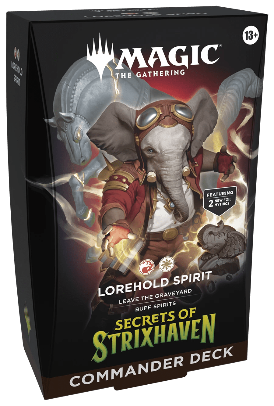 Caja del mazo Commander Lorehold Spirit de Magic: The Gathering, colores blanco y rojo con arte de elefante