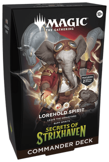 Caja del mazo Commander Lorehold Spirit de Magic: The Gathering, colores blanco y rojo con arte de elefante