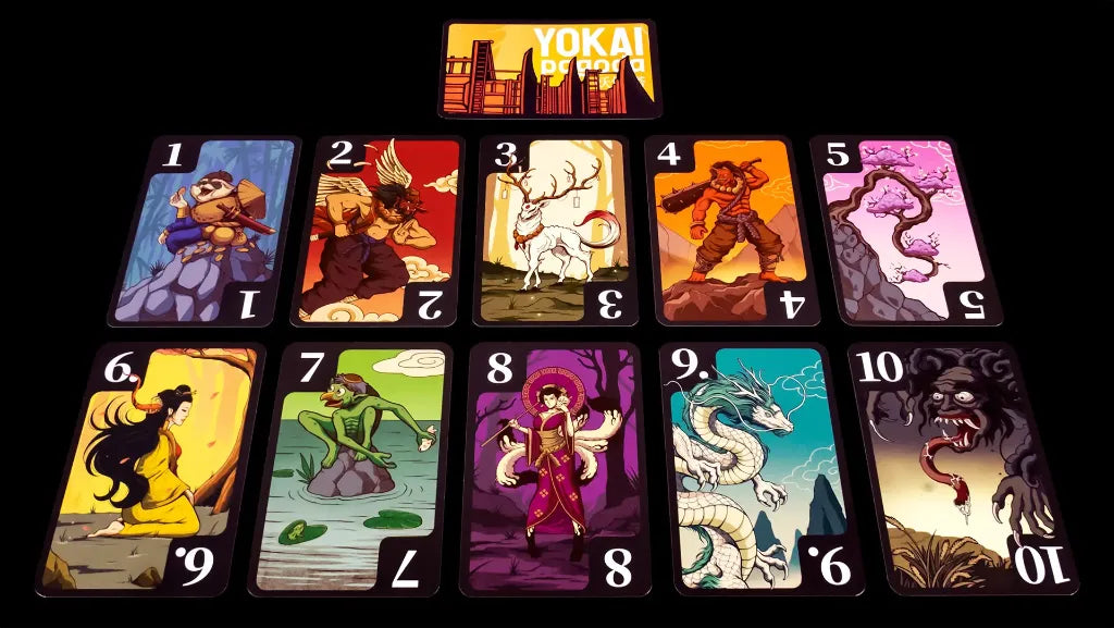 Colección completa de las diez cartas numeradas del juego de cartas Yokai Pagoda
