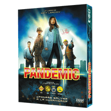 Caja frontal juego Pandemic con cinco personajes y mapa mundial estilizado