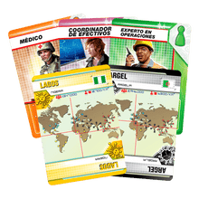 Cartas de personaje Médico y ciudad Lagos del juego de mesa Pandemic